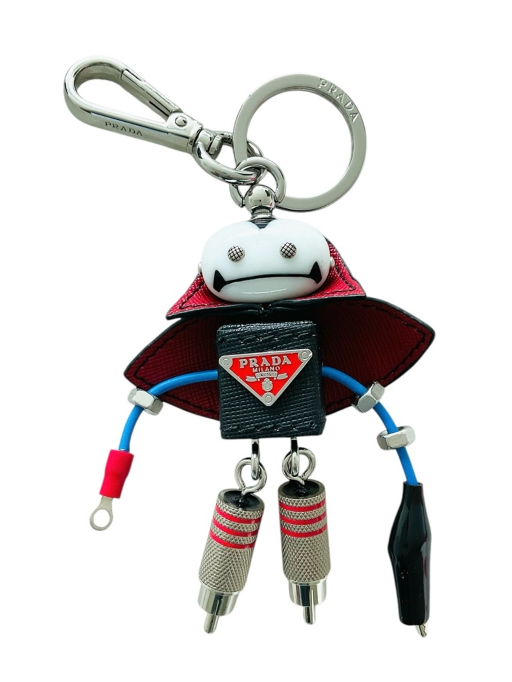Prada Robot Vampire Charm Keychain Saffiano Leather Bag Charm Black Red